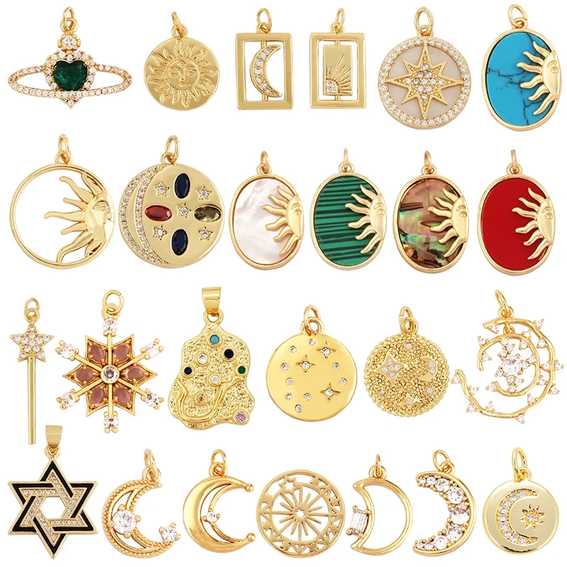 Trendy Sun Apollo Moon Star Shell Charm Pendant,Real Gold Plated Cubic Zirconia Paved,Jewelry Necklace Bracelet Accessories M56