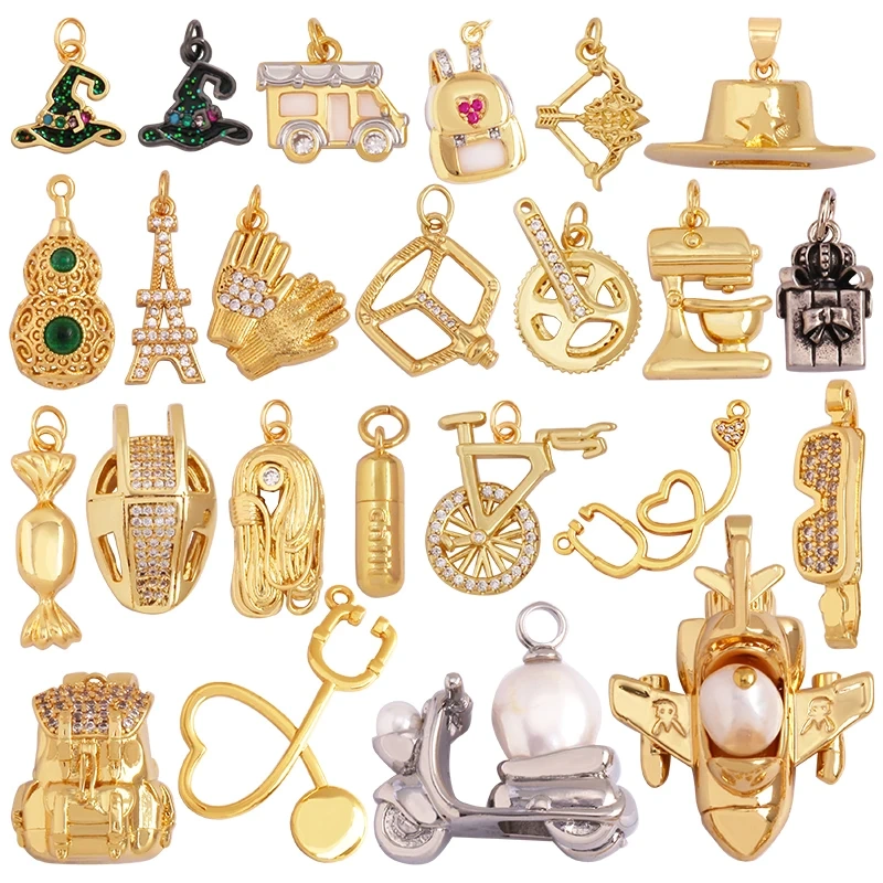 Trendy Motorbike Aircraft Cap Bag Glove Mask Charm Pendant,18K Gold Plated Necklace Bracelet Jewelry Findings Daily Supplies K41