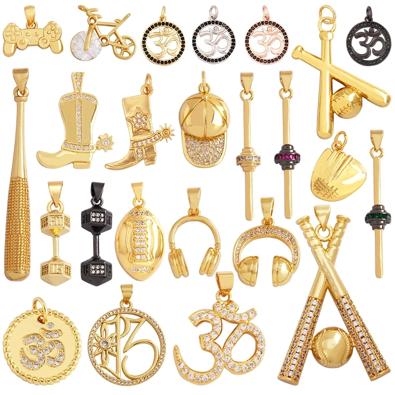 Trendy Sports Baseball Dumbbell Yoga Men's Boots Zirconia Paved Cloth Charm Pendant,18K Gold Necklace Craft Jewelry Supply L99