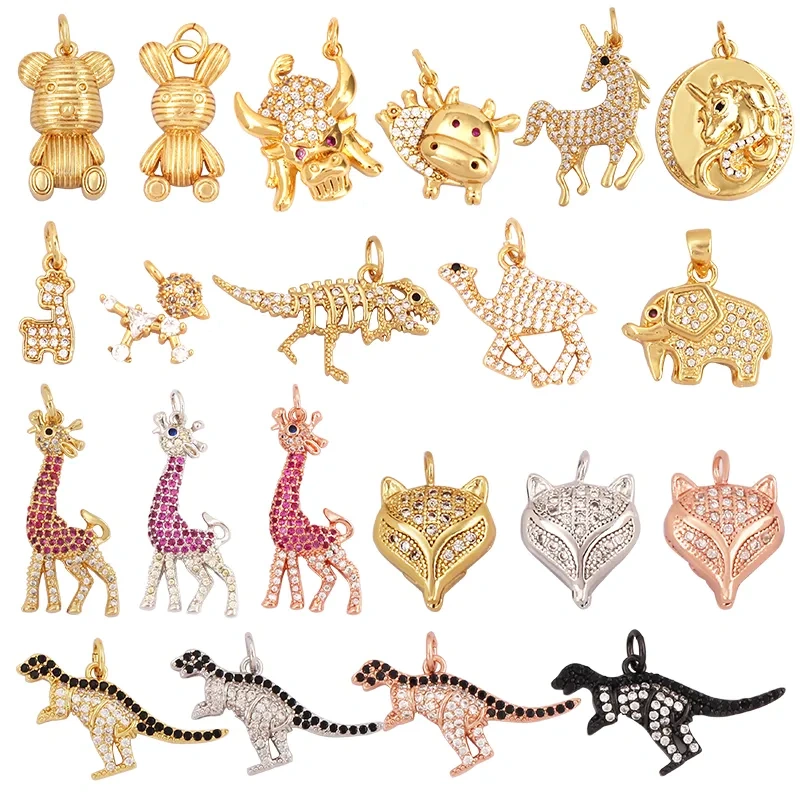 Unique Fine Bear Cow Unicorn Giraffe Dinosaur Camel Fox Animal Charm Pendant,Cute 18K Gold Necklace Bracelet Jewelry Supply L43