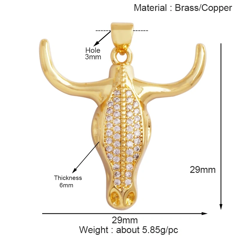 Animal Cow Ox Head Colourful Charm Pendant,18K Gold Plated Cubic Zirconia Necklace Bracelet for Jewelry Findings Supplies M62