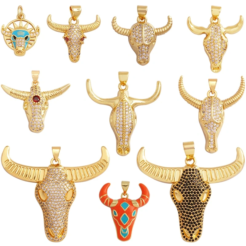 Animal Cow Ox Head Colourful Charm Pendant,18K Gold Plated Cubic Zirconia Necklace Bracelet for Jewelry Findings Supplies M62