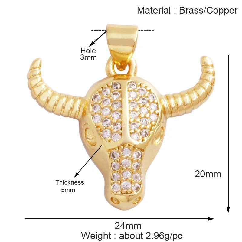 Animal Cow Ox Head Colourful Charm Pendant,18K Gold Plated Cubic Zirconia Necklace Bracelet for Jewelry Findings Supplies M62