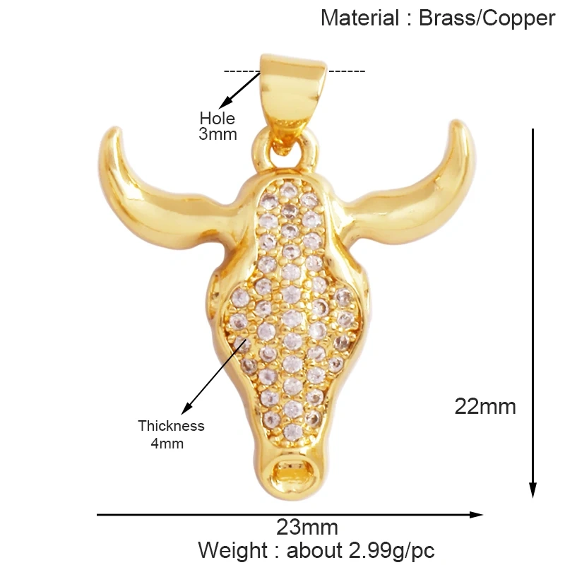Animal Cow Ox Head Colourful Charm Pendant,18K Gold Plated Cubic Zirconia Necklace Bracelet for Jewelry Findings Supplies M62
