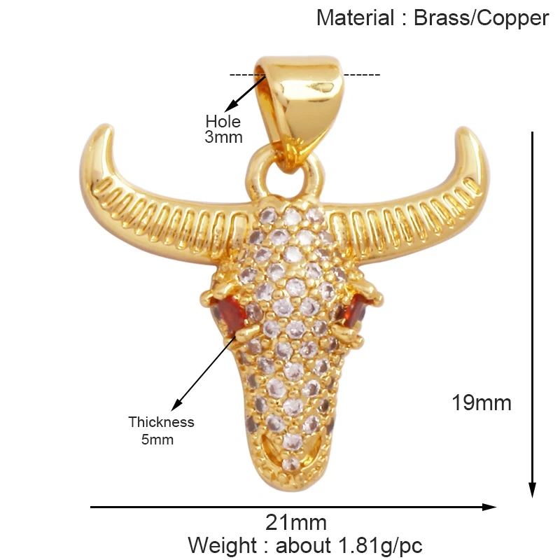 Animal Cow Ox Head Colourful Charm Pendant,18K Gold Plated Cubic Zirconia Necklace Bracelet for Jewelry Findings Supplies M62