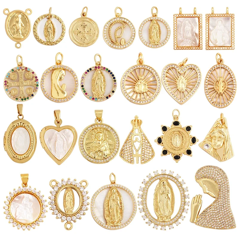 Shell 18K Gold Inlaid Zirconia Charm Geometry Pendant,Holy Religious Jesus Virgin Mary Jewelry Necklace Accessories Supplies M70