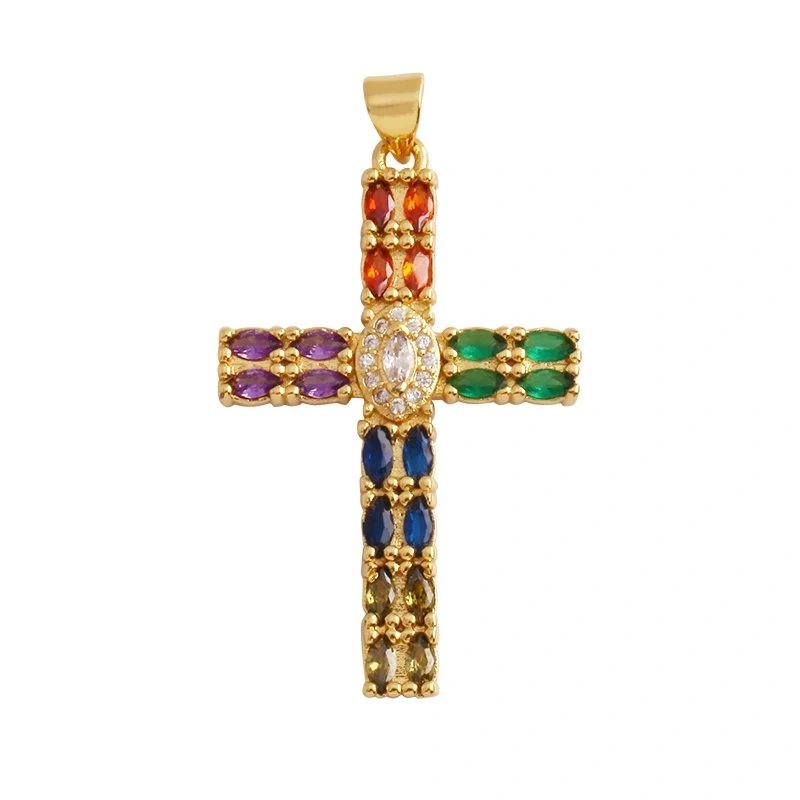 Colorful Cubic Zirconia Cross Religious Style Charm Pendant,Gold Plated Inlaid Jewelry Necklace Bracelet Accessories Supply P13