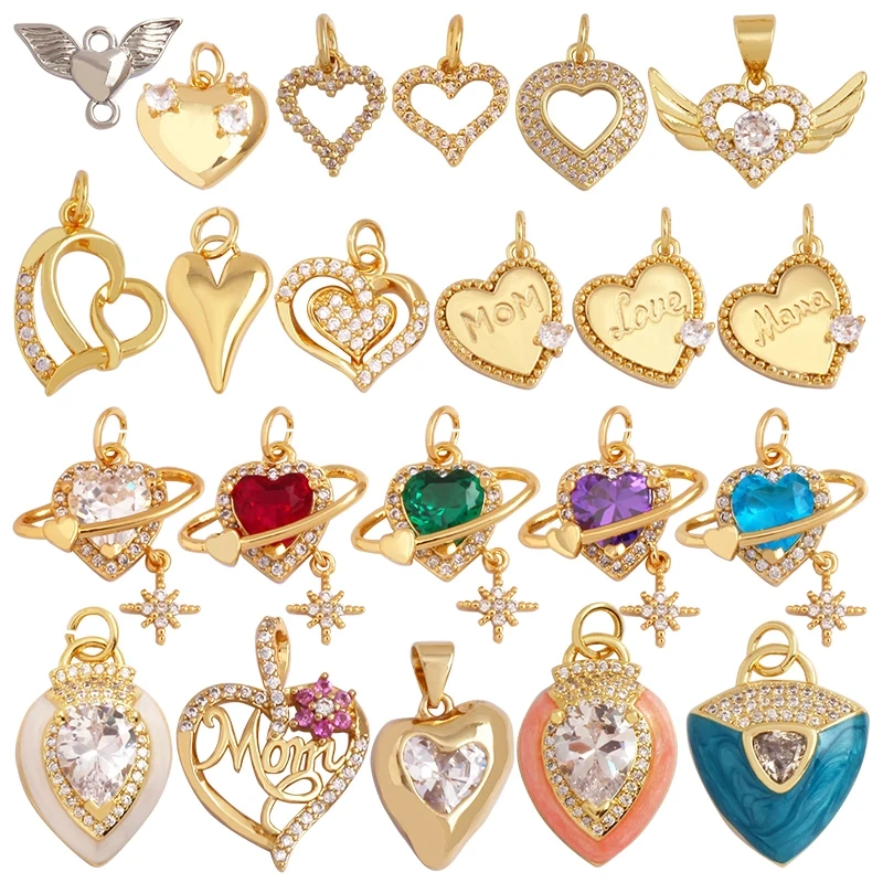 Trendy MOM MAMA Love Heart Charm Pendant,Creative Angel Wings 18K Gold Plated Zircon Jewelry Findings Accessories Supplies K38