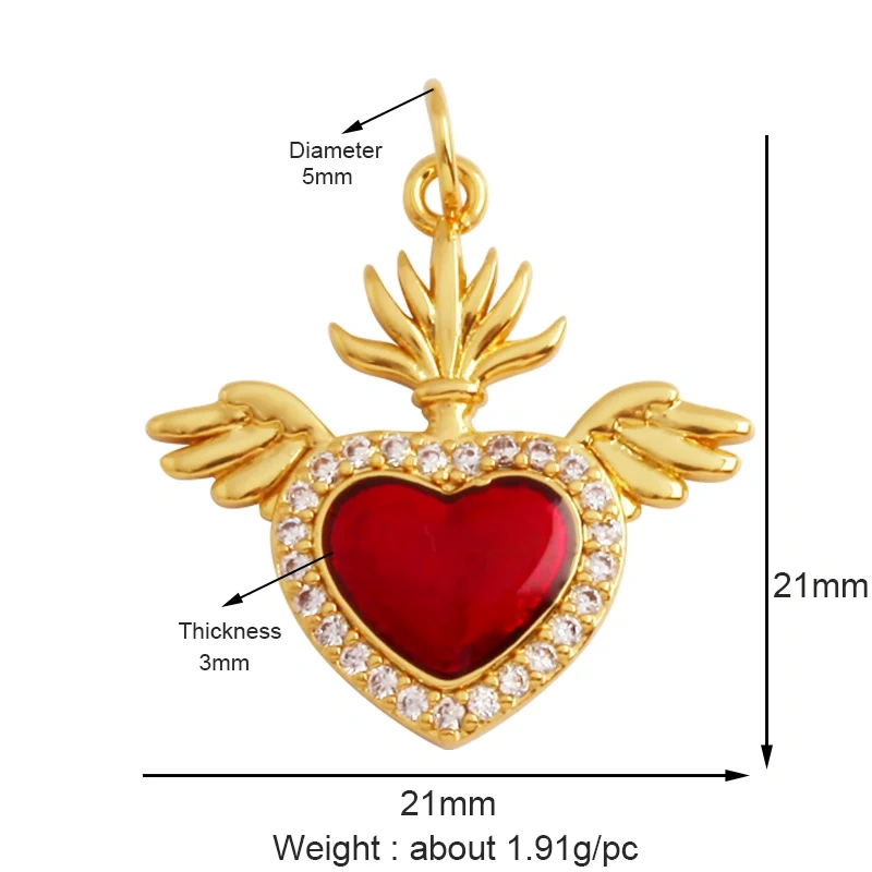 New in Sacred Red Heart Charm Victorian Love Zircon Charm Pendant,Fashion Wing 18K Gold Plated for Jewelry Making Supplies P04