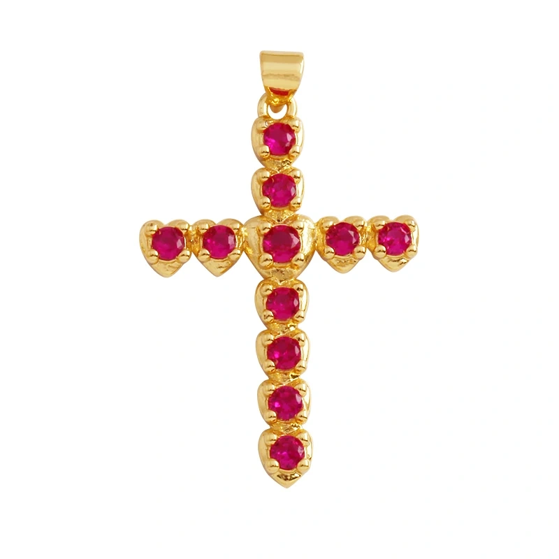 Colorful Cubic Zirconia Cross Religious Style Charm Pendant,Gold Plated Inlaid Jewelry Necklace Bracelet Accessories Supply P13