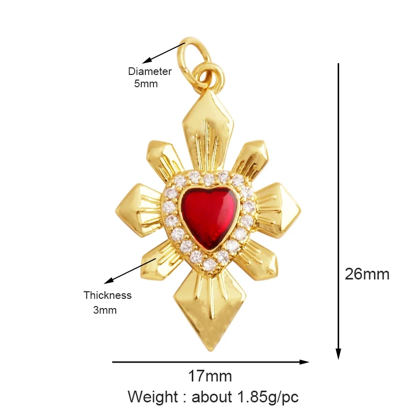 New in Sacred Red Heart Charm Victorian Love Zircon Charm Pendant,Fashion Wing 18K Gold Plated for Jewelry Making Supplies P04