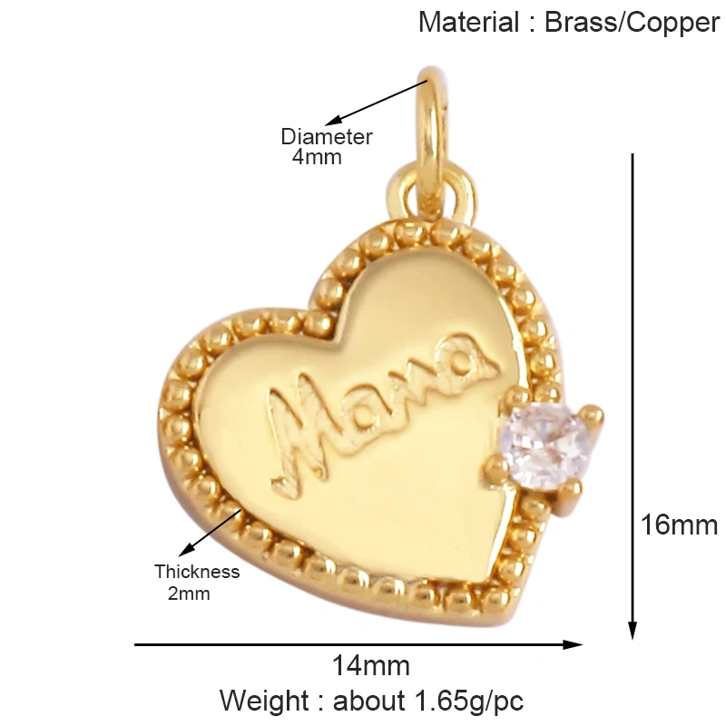 Trendy MOM MAMA Love Heart Charm Pendant,Creative Angel Wings 18K Gold Plated Zircon Jewelry Findings Accessories Supplies K38