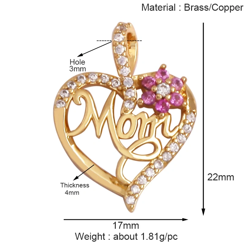 Trendy MOM MAMA Love Heart Charm Pendant,Creative Angel Wings 18K Gold Plated Zircon Jewelry Findings Accessories Supplies K38