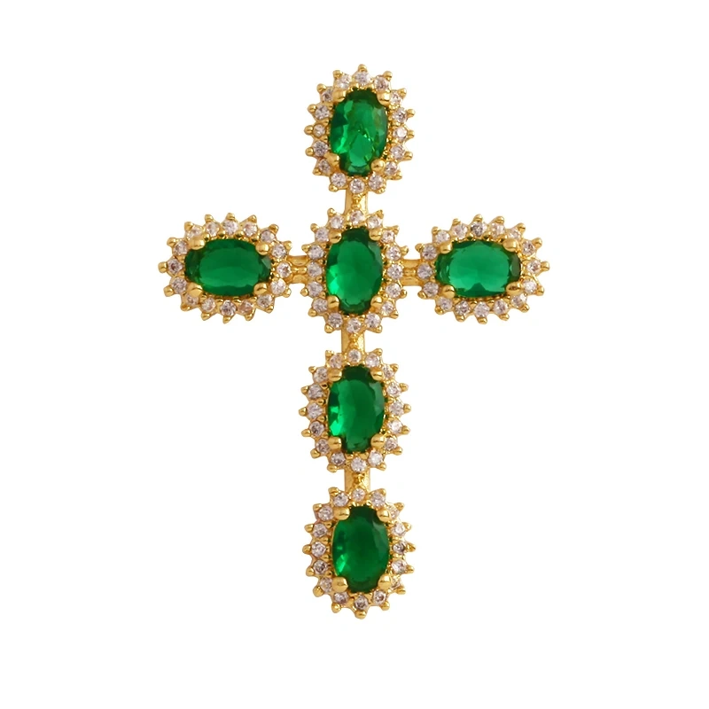 Colorful Cubic Zirconia Cross Religious Style Charm Pendant,Gold Plated Inlaid Jewelry Necklace Bracelet Accessories Supply P13