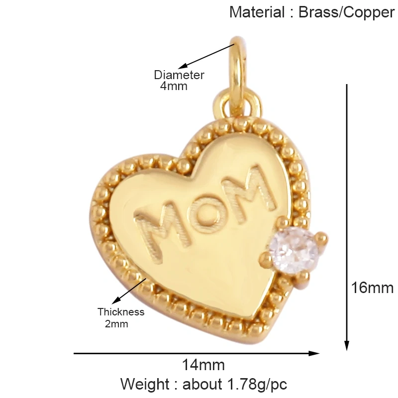 Trendy MOM MAMA Love Heart Charm Pendant,Creative Angel Wings 18K Gold Plated Zircon Jewelry Findings Accessories Supplies K38