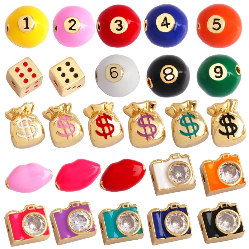 Newest Billiards Dice Camera Purse Lip Zircon Colourful Enamel Bead,18K Gold Brass Bracelet Components Accessories Supplies M72