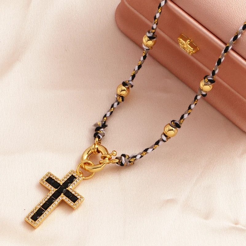 Religious Jesus Black Cross Holy Long Knot Beaded Necklace,Boho Nature Cotton Cord Sweater Prayer Church Autumn Winter  Jewelry