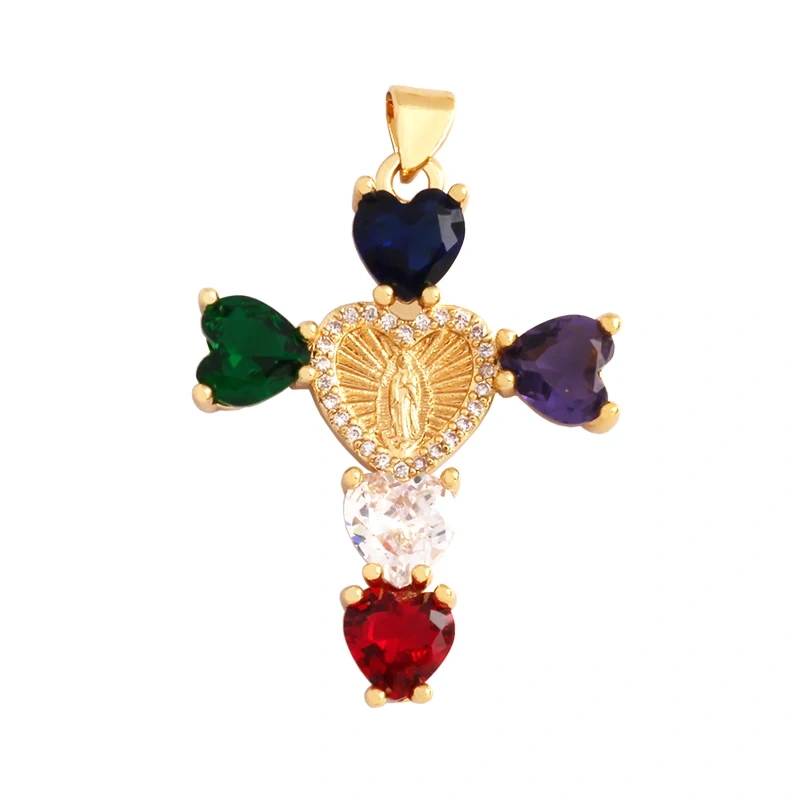 Colorful Cubic Zirconia Cross Religious Style Charm Pendant,Gold Plated Inlaid Jewelry Necklace Bracelet Accessories Supply P13
