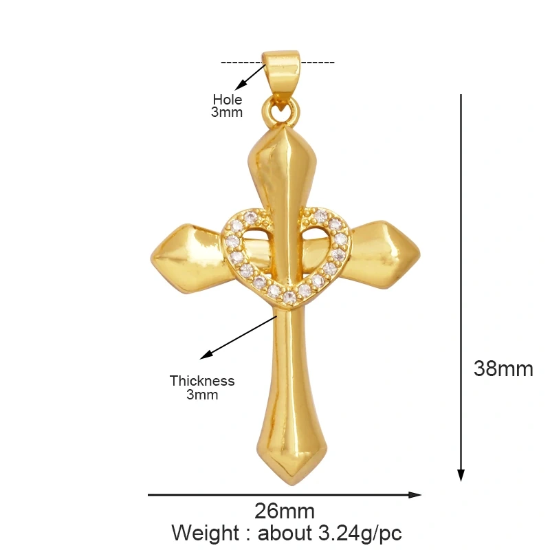 Colorful Cubic Zirconia Cross Religious Style Charm Pendant,Gold Plated Inlaid Jewelry Necklace Bracelet Accessories Supply P13