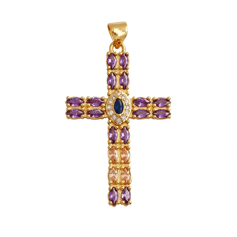Colorful Cubic Zirconia Cross Religious Style Charm Pendant,Gold Plated Inlaid Jewelry Necklace Bracelet Accessories Supply P13