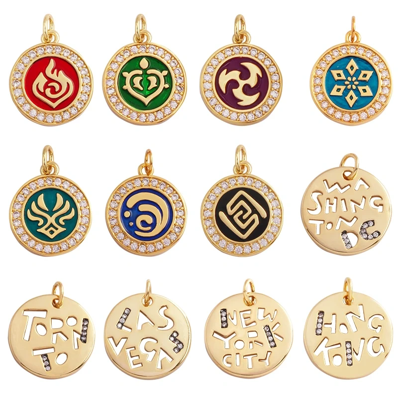 Round Coin Colourful Totem Letter Charm Pendant,18K Real Gold Plated Colour,Necklace Bracelet for Handmade Jewelry Supplies M72