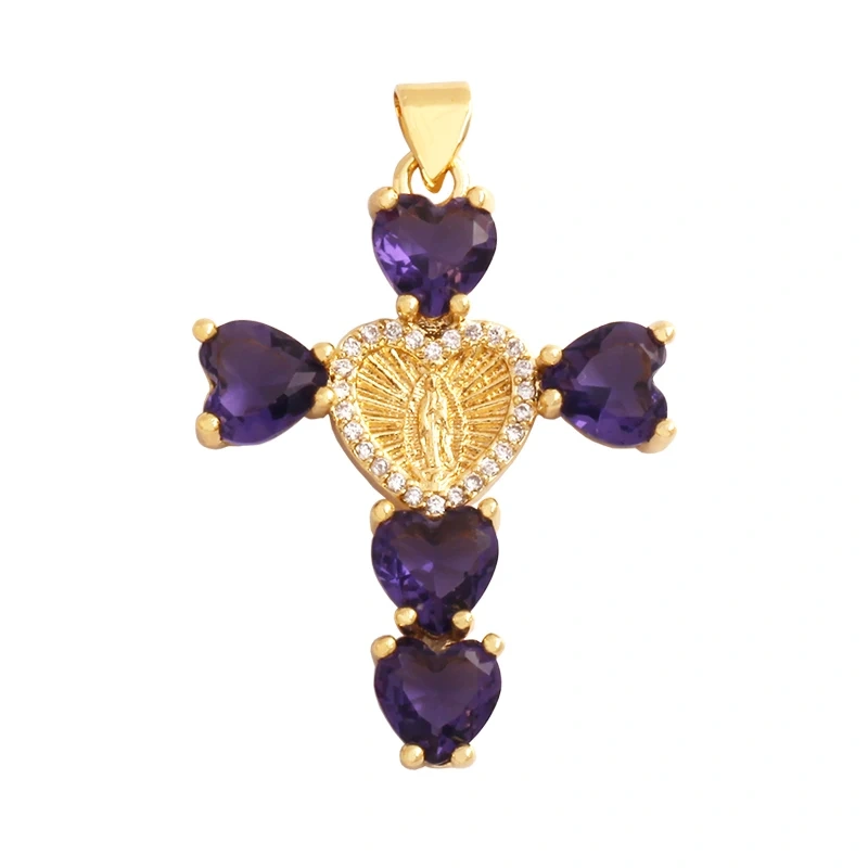 Colorful Cubic Zirconia Cross Religious Style Charm Pendant,Gold Plated Inlaid Jewelry Necklace Bracelet Accessories Supply P13
