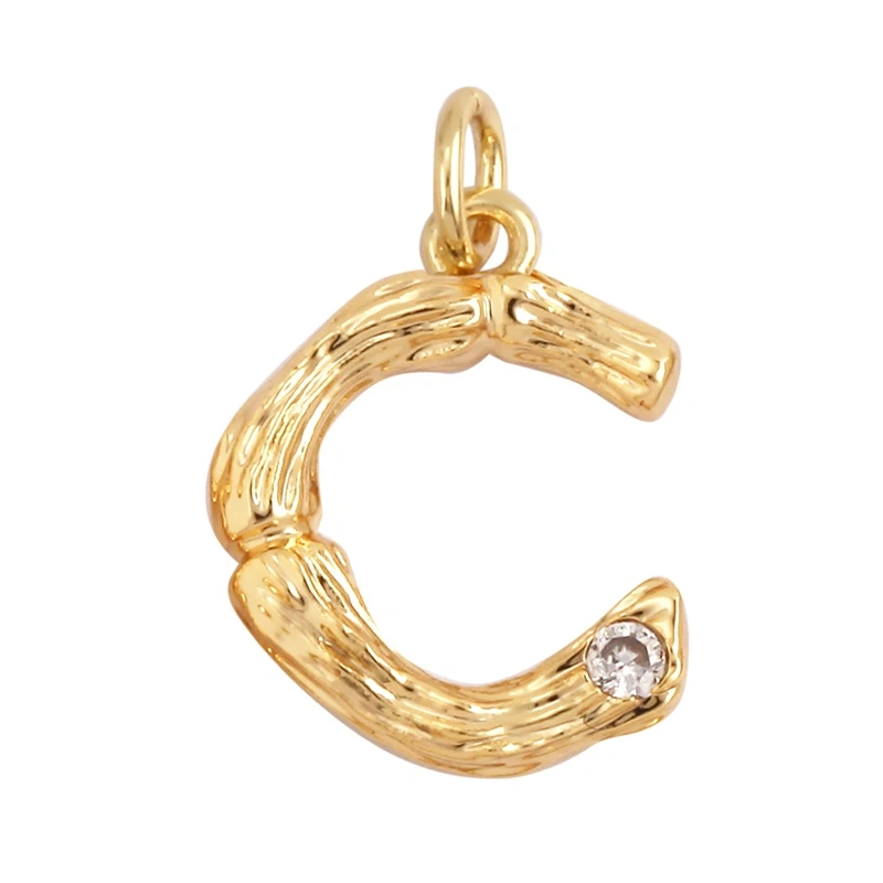 Bamboo Wood Style 18K Gold Plated Initial Name Letter A-Z Charm Pendant Necklace,Trendy Simple Zircon Jewelry Findings Supply