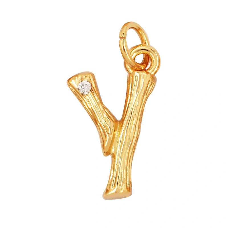 Bamboo Wood Style 18K Gold Plated Initial Name Letter A-Z Charm Pendant Necklace,Trendy Simple Zircon Jewelry Findings Supply