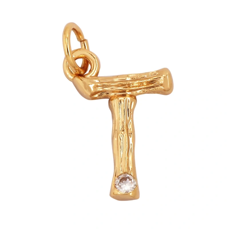Bamboo Wood Style 18K Gold Plated Initial Name Letter A-Z Charm Pendant Necklace,Trendy Simple Zircon Jewelry Findings Supply