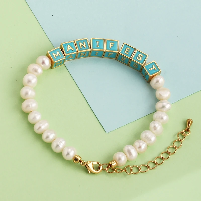 Fresh Water Pearl Armour Evolve Smile Thriving Manifest Letter Statement Boho Bracelet, Gold Plated for Party Summer Beach P20