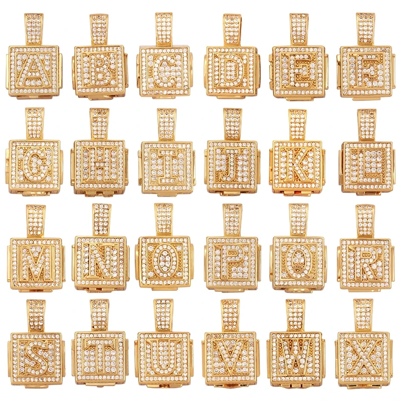 Hip Hop Thick Hollow Cube 18K Gold Plated Initial Name A-Z Letter Charm Pendant Necklace,Fashion Jewelry Findings Women Men L09