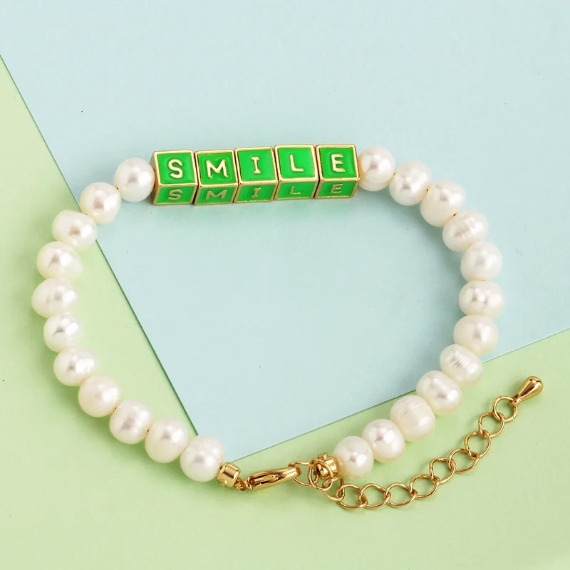 Fresh Water Pearl Armour Evolve Smile Thriving Manifest Letter Statement Boho Bracelet, Gold Plated for Party Summer Beach P20