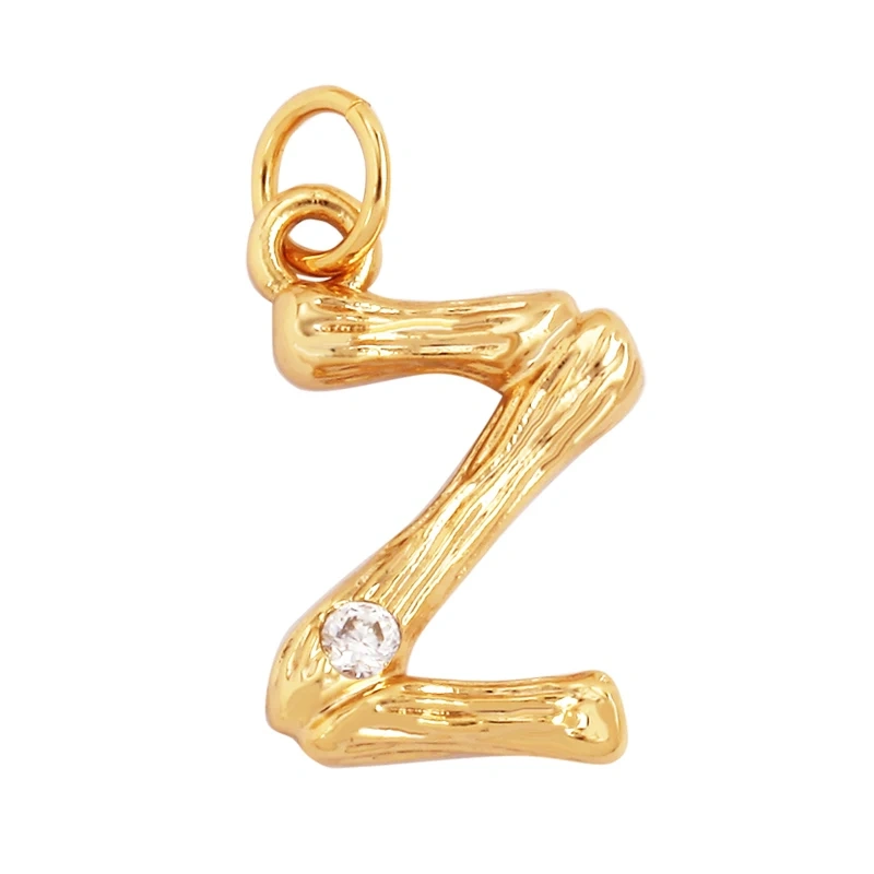 Bamboo Wood Style 18K Gold Plated Initial Name Letter A-Z Charm Pendant Necklace,Trendy Simple Zircon Jewelry Findings Supply