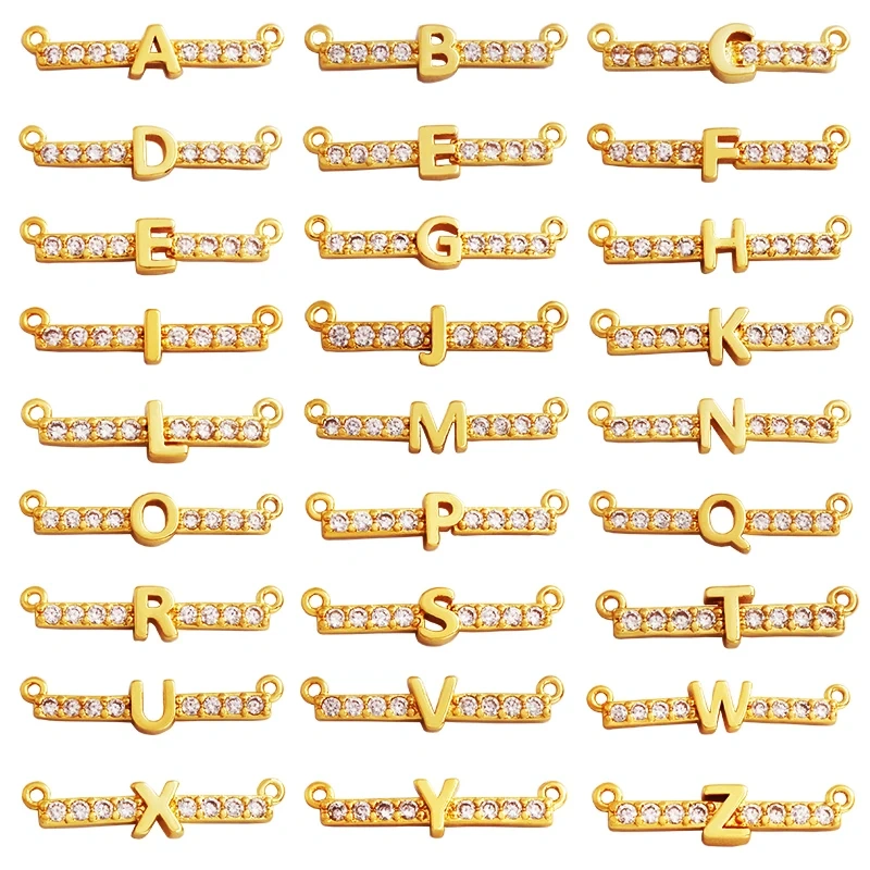 Twin Two Hole Style Zirconia 18K Gold Plated Initial Name A-Z Letter Charm Pendant Necklace, Jewelry Findings Accessories M45