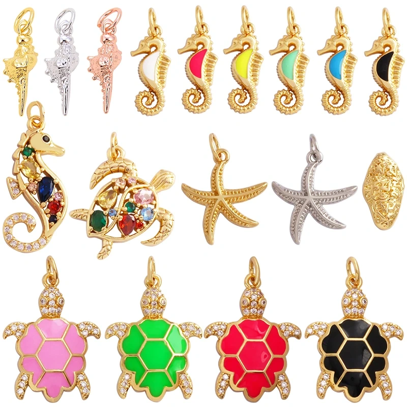 Starfish Blue Ocean Sea Turtle Sea Horse Conch Shell Charm Pendant,Gold Plated Zircon Jewelry Findings Accessories Supplies M62