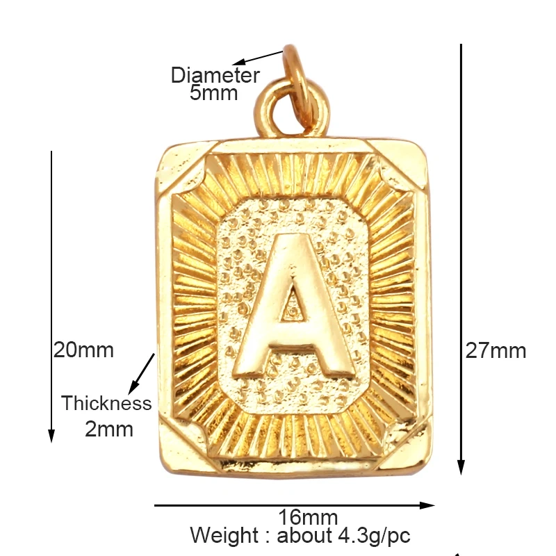 Hip Hop Style Rectangle 18K Gold Plated Initial Name A-Z Letter Charm Pendant Necklace,Fashion Jewelry Findings For Women Men