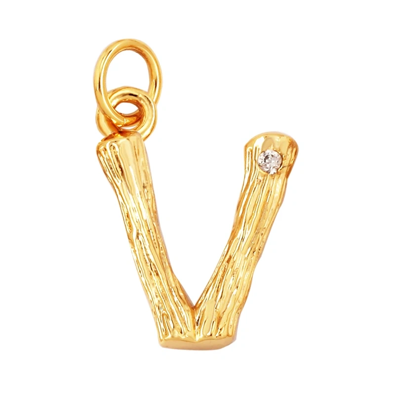 Bamboo Wood Style 18K Gold Plated Initial Name Letter A-Z Charm Pendant Necklace,Trendy Simple Zircon Jewelry Findings Supply