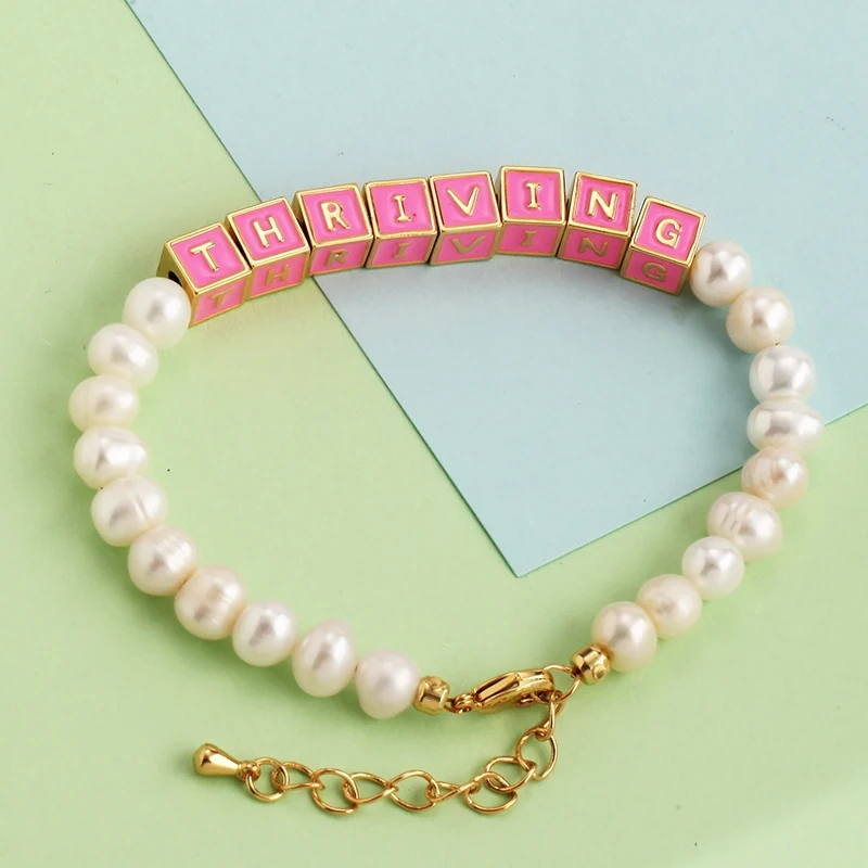 Fresh Water Pearl Armour Evolve Smile Thriving Manifest Letter Statement Boho Bracelet, Gold Plated for Party Summer Beach P20