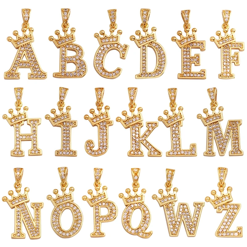 Fashion Exquisite 18K Gold Plated Full Zircon Crown Initial Name A-Z Letter Charm Pendant Necklace,Jewelry Findings Supplies M70