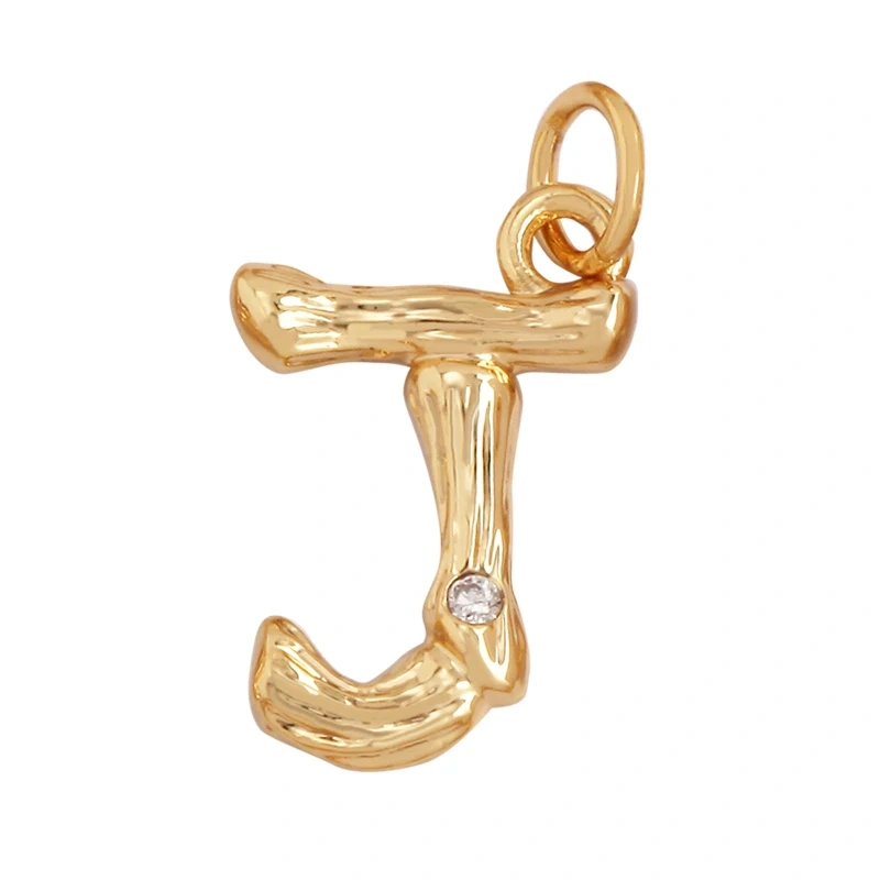 Bamboo Wood Style 18K Gold Plated Initial Name Letter A-Z Charm Pendant Necklace,Trendy Simple Zircon Jewelry Findings Supply