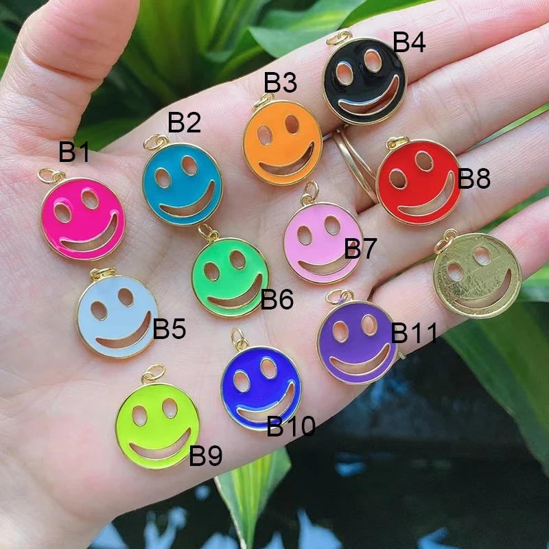 Happy Face Enamel Charm Neon Pink Orange Turquoise Blue Oil Dropped,Real Gold Plated ,Necklace Bracelet Pendant K01 K56