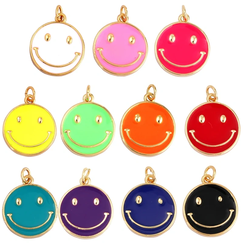 Happy Face Enamel Charm Neon Pink Orange Turquoise Blue Oil Dropped,Real Gold Plated ,Necklace Bracelet Pendant K01 K56