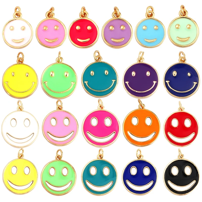 Happy Face Enamel Charm Neon Pink Orange Turquoise Blue Oil Dropped,Real Gold Plated ,Necklace Bracelet Pendant K01 K56