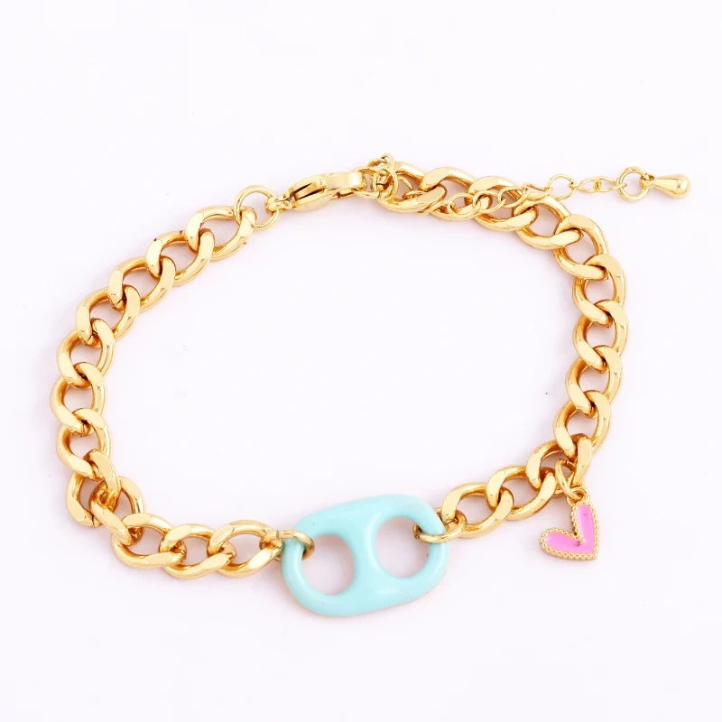 Pig Nose Soda Cap Twin Hole Trendy Colourful Romance Love Heart Enamel Charm Bracelet, Cuban Figaro Chain 18K Gold Plated Bangle