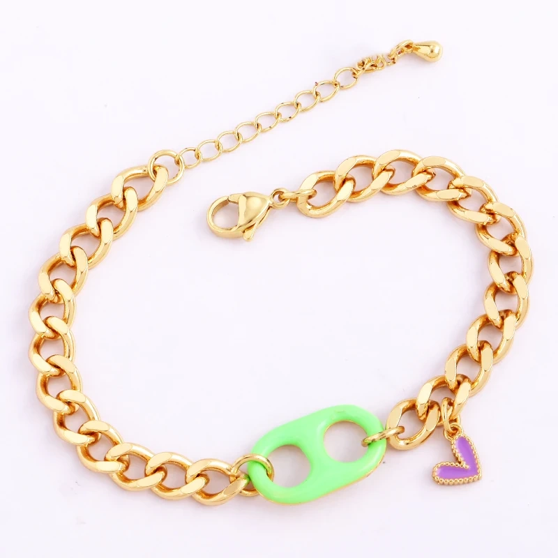 Pig Nose Soda Cap Twin Hole Trendy Colourful Romance Love Heart Enamel Charm Bracelet, Cuban Figaro Chain 18K Gold Plated Bangle