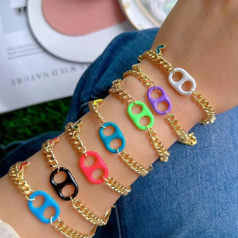 Pig Nose Soda Cap Twin Hole Trendy Colourful Romance Love Heart Enamel Charm Bracelet, Cuban Figaro Chain 18K Gold Plated Bangle