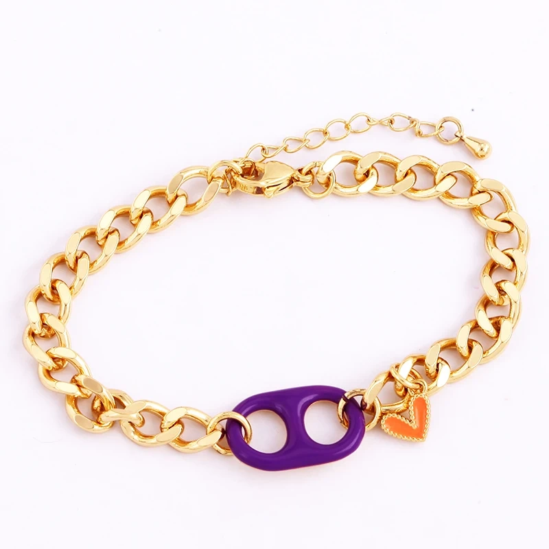 Pig Nose Soda Cap Twin Hole Trendy Colourful Romance Love Heart Enamel Charm Bracelet, Cuban Figaro Chain 18K Gold Plated Bangle