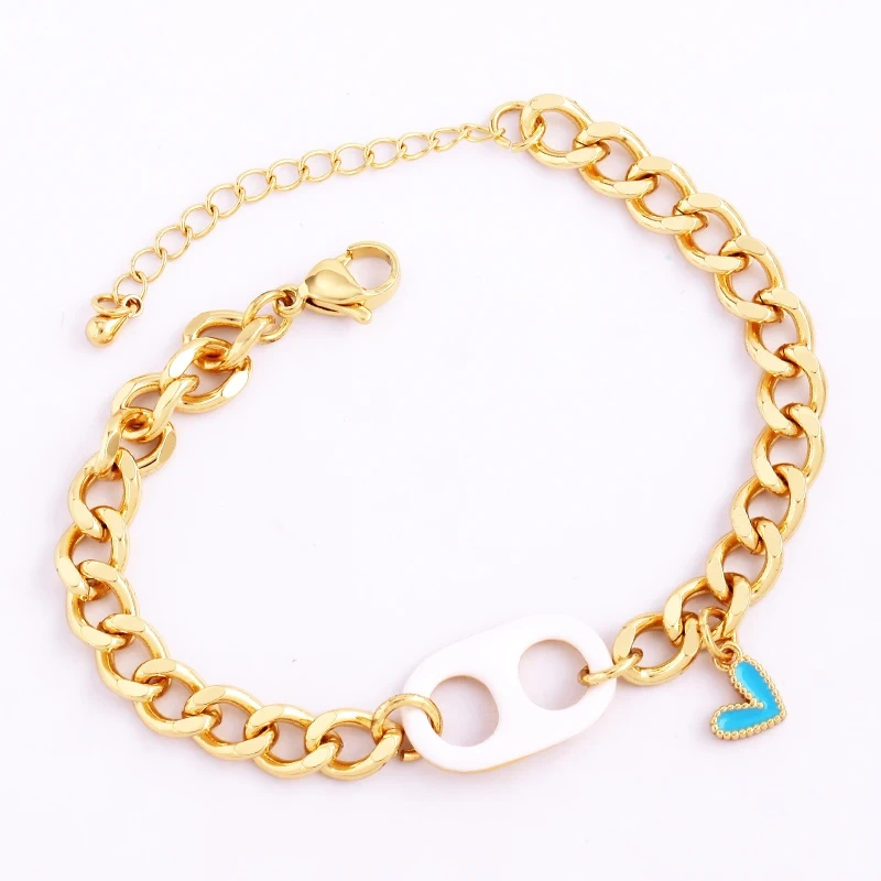 Pig Nose Soda Cap Twin Hole Trendy Colourful Romance Love Heart Enamel Charm Bracelet, Cuban Figaro Chain 18K Gold Plated Bangle