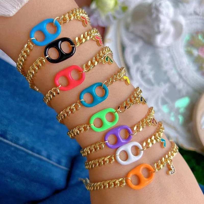 Pig Nose Soda Cap Twin Hole Trendy Colourful Romance Love Heart Enamel Charm Bracelet, Cuban Figaro Chain 18K Gold Plated Bangle