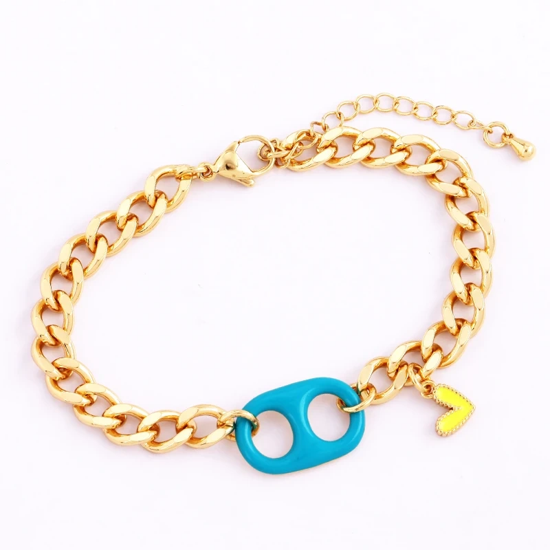 Pig Nose Soda Cap Twin Hole Trendy Colourful Romance Love Heart Enamel Charm Bracelet, Cuban Figaro Chain 18K Gold Plated Bangle